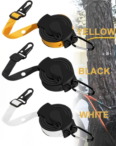 Three colors of the Portable Retractable Clothes Drying Line: Yellow, Black, and White, displayed on a tree.