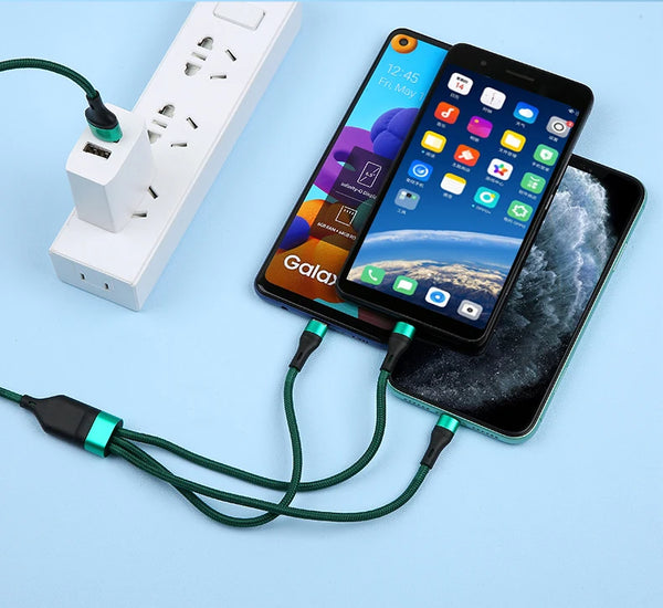 3-in-1 USB Charging Cable connecting two smartphones to a power outlet for fast charging.