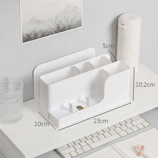 Plastic Stackable Office Desk Organizer on a white desk, featuring compartments for documents and stationery.