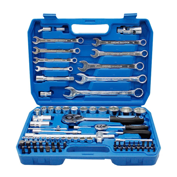 53 Pieces Socket Wrench Set displayed in a blue case with various socket and wrench tools for automotive and household repairs.