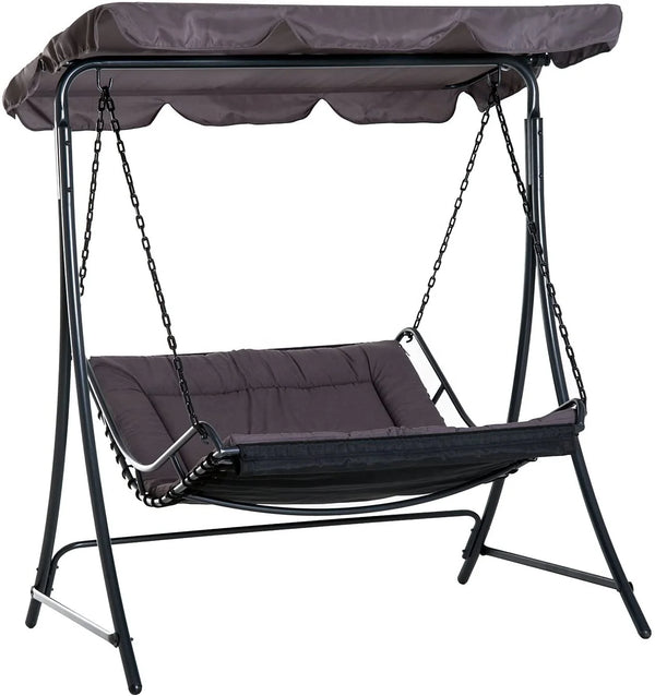 Swinging Hammock Garden Lounger with Roof featuring a stylish design and overhead shade for outdoor relaxation.