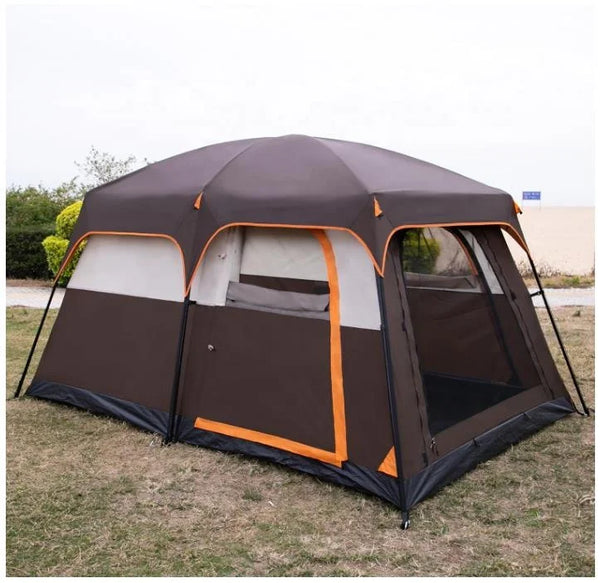 Large 6 Person Family Camping Tent set up in an outdoor grassy area, showcasing spacious design and sturdy construction.