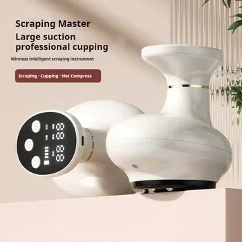 Handheld Wireless Electric Cupping & Massager displayed on a table, showcasing its modern design and digital controls.
