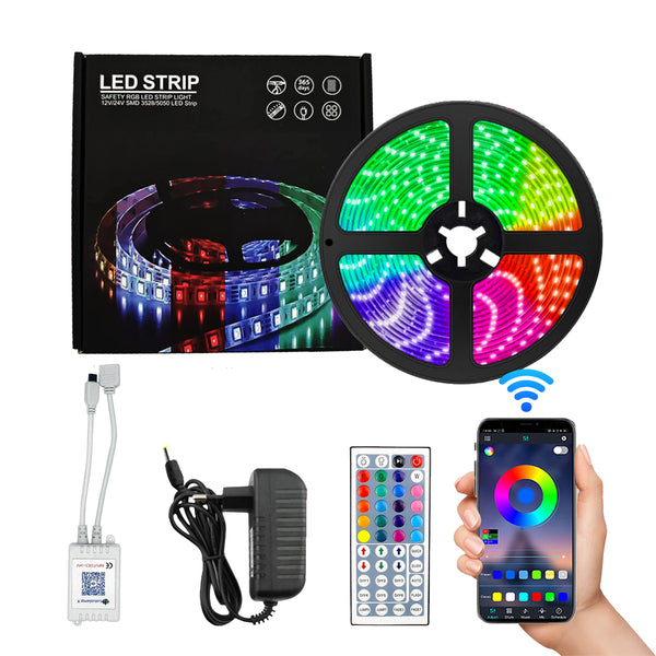 12V SMD 5050 RGB LED Strip with remote control and power adapter for customizable lighting