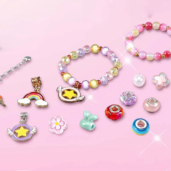 Colorful beads and charms from the 3-in-1 DIY Beaded Jewelry Making Set for crafting unique jewelry.