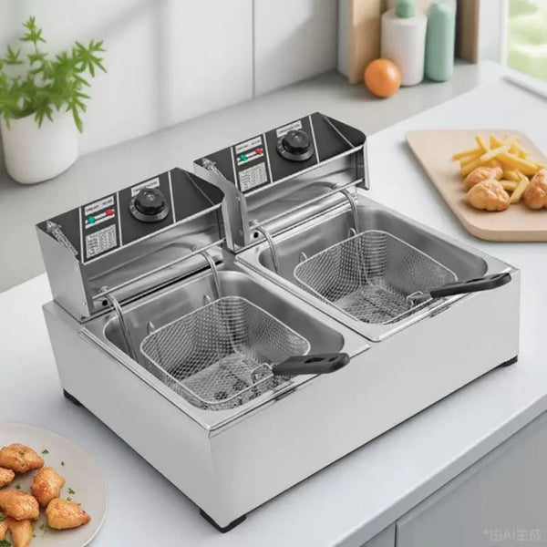 Commercial 6L+6L Double Tank Electric Deep Fryer with two separate tanks for efficient frying in busy kitchens.