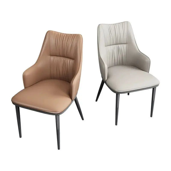 Nordic Leather Dining Chair with Metal Legs in tan and gray colors, showcasing contemporary design and comfort.