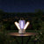 Rechargeable LED Mosquito Killer Lamp and Lantern illuminated at night on a table surrounded by greenery.