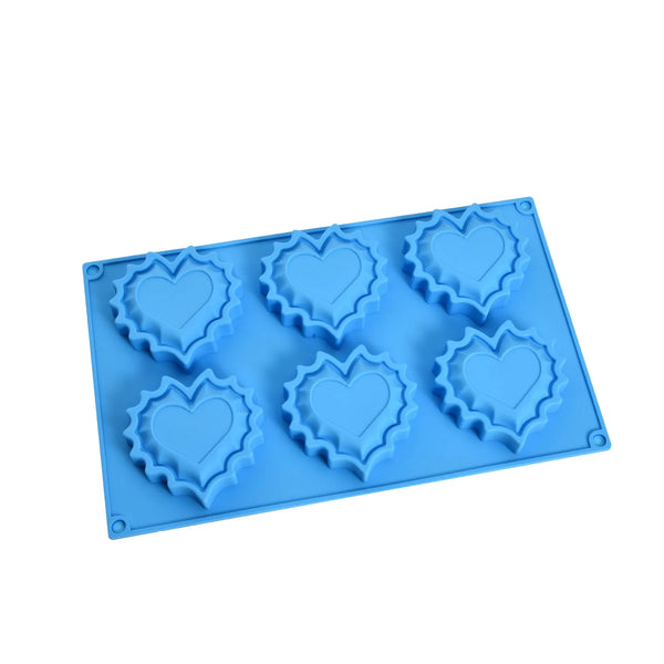 6 Cavity Heart Silicone Soap Mold with flexible blue design for crafting heart-shaped soaps.