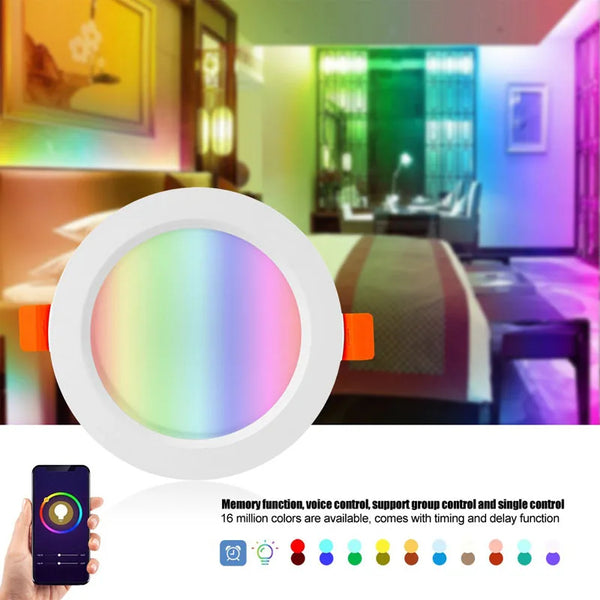 RGB Smart LED Recessed Downlight in a colorful room setting, showcasing bright light and adjustable colors.