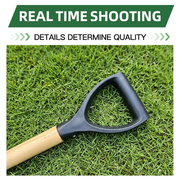 Close-up of Heavy Duty Steel Garden & Construction Digging Shovel handle on grass, showcasing its durable design.
