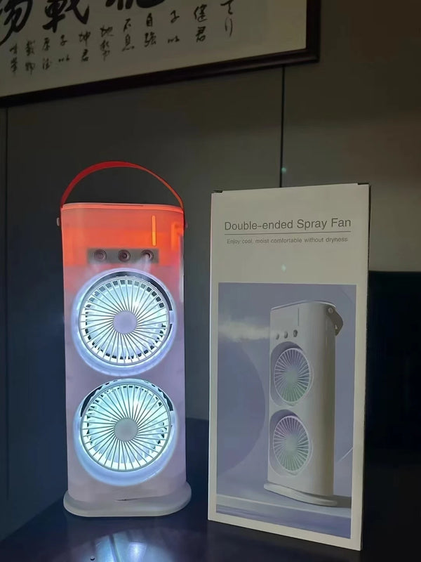 3-in-1 Mini Desktop LED Light Air Cooler Portable Water Mist Fan with dual fans and soft lighting.