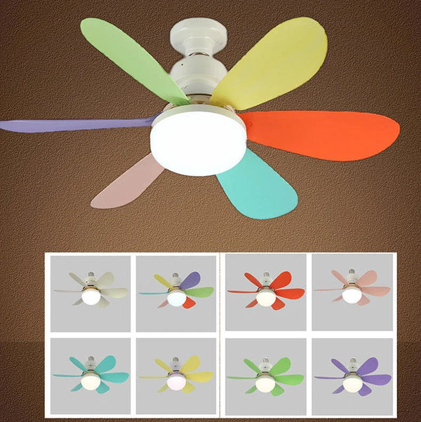 E27 Screw-In LED Ceiling Fan Light with colorful blades and modern design for enhancing room decor.