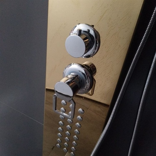 Control knobs of the Golden Stainless Steel LED Shower Panel System with chrome finish for a modern bathroom.