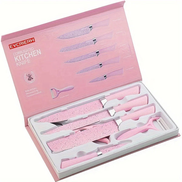 6 Piece Non Stick Kitchen Knife Set in a stylish pink box with sharp, non-stick blades for easy food preparation.
