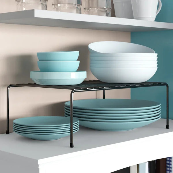 Image of Single Layer Kitchen Metal Shelf Organizer holding light blue plates and bowls in a modern kitchen setting.