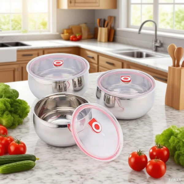 3pc Stainless Steel Food Container set displayed on a kitchen counter with vegetables and natural light.