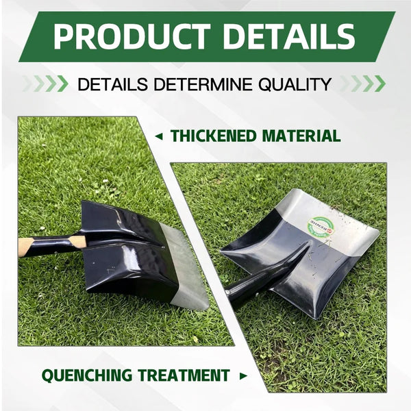 Heavy Duty Steel Garden & Construction Digging Shovel showing thickened material and quenching treatment details.