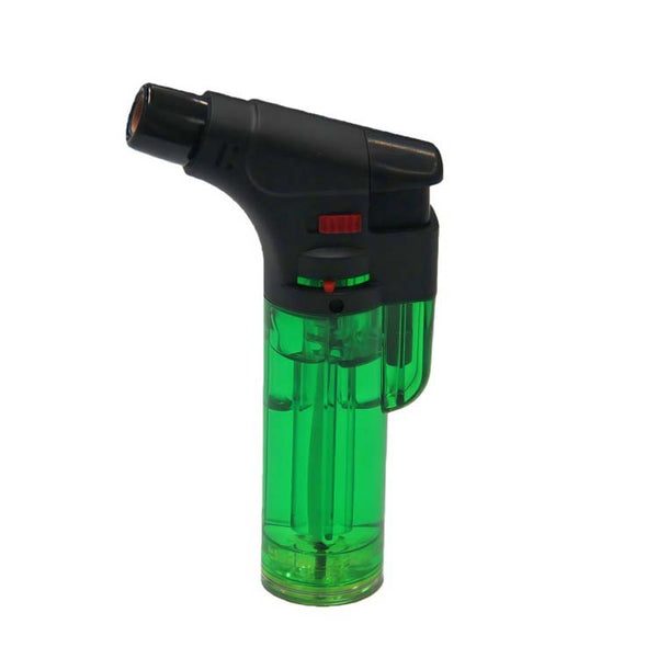 Refillable Butane Jet Torch Lighter 12 Piece Display in bright green color, designed for durable and windproof ignition.