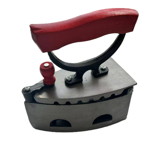 Industrial Grade Heavy-Duty Charcoal Iron with red handle for effective pressing on thick fabrics.