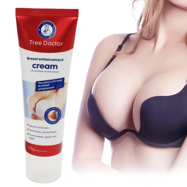 Advanced Breast Enhancement and Firming Cream next to a model showcasing enhanced breast contour and shape.