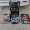 Hand Tool Combination Set displayed in a portable trolley case, showcasing a full toolkit for home and automotive use.