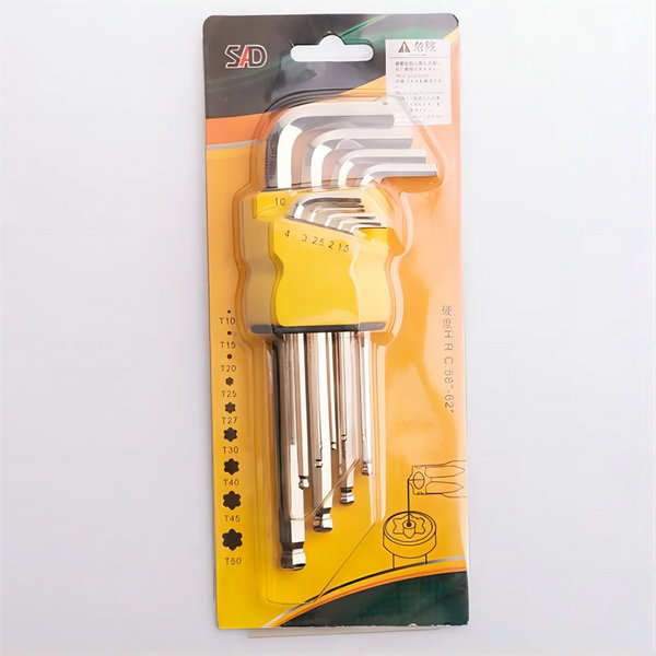 Carbon Steel L-Type Torx Hex Key Set packaging image showing a 9-piece tool collection in vibrant colors.