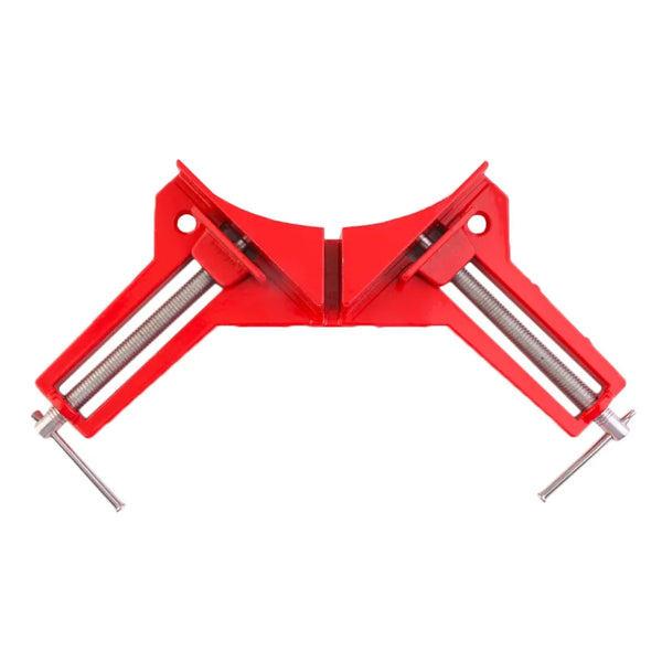 A 90-Degree Right Angle Corner Clamp for woodworking, featuring sturdy red construction to hold pieces firmly at right angles.