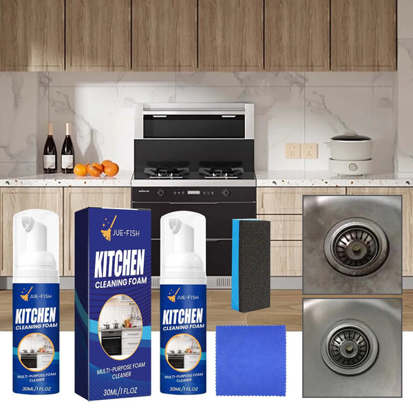 Multi-Purpose Kitchen Cleaning Foam Set with cleaning foam, sponge, and cloth in a modern kitchen setting.