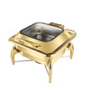 Gold Stainless Steel Square Chafing Dish with Flip Top for elegant buffet presentations.