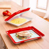 Reusable Stackable Food Preservation Trays with Stretch Covers on a kitchen table with food inside.