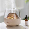 400ml Ultrasonic Essential Oil Diffuser with Remote Control emitting mist with bottle of essential oils beside it.