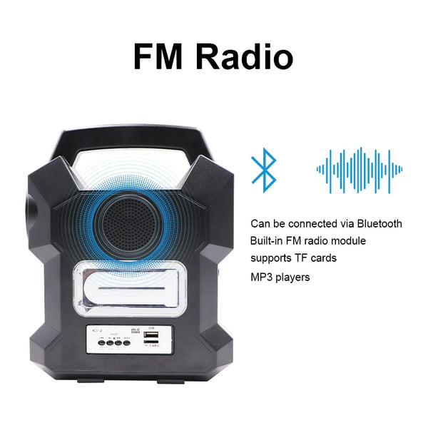 Outdoor IP65 Rechargeable Solar Light: FM Radio with Bluetooth connectivity, TF card support, and USB input for versatile audio playback.