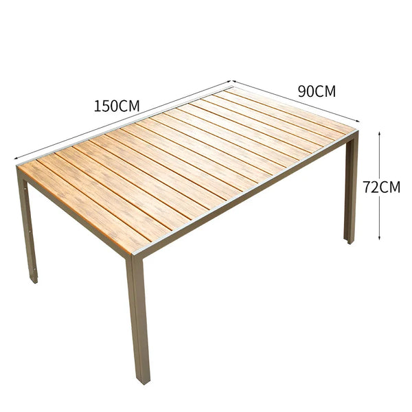 Outdoor Teak and Aluminium Dining Table with 4 Armchairs dimensions: Length 150CM, Width 90CM, Height 72CM.