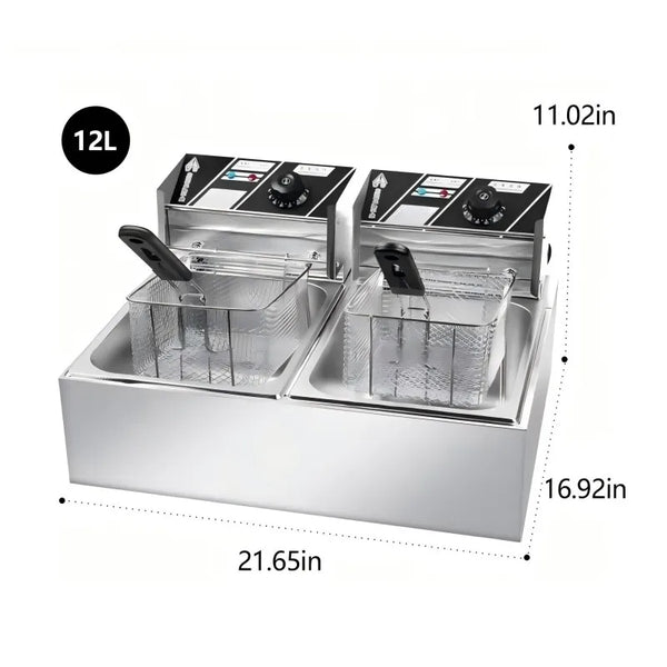 Commercial 6L+6L Double Tank Electric Deep Fryer with two baskets for efficient frying.