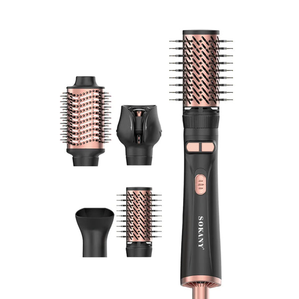 4 in 1 Hot Air Brush Styler with interchangeable attachments for drying, curling, and styling hair.