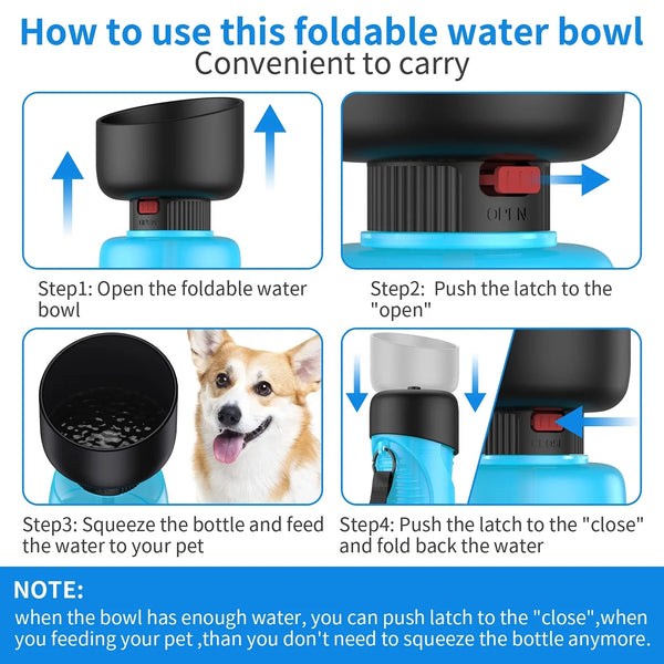 Instructions for using the Portable Leak-Proof Dog Water Bottle and Bowl with steps for filling and feeding pets.