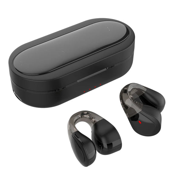 Q60 Open Ear Clip Bluetooth Earbuds in charging case, featuring a lightweight design for comfortable all-day listening.