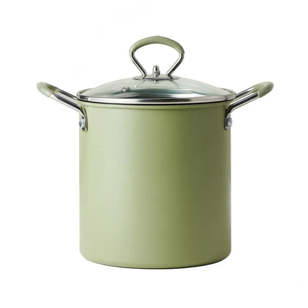 Japanese-Style Non-Stick Deep Fryer and Noodle Pot with glass lid and ergonomic handles.