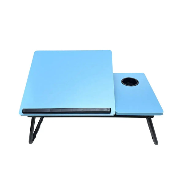 Ergonomic Folding Computer Desk in blue with a convenient cupholder, perfect for studying or working