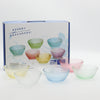 Gold Rimmed Colored Glass Bead Dot Bowl set of colorful glass bowls in various shades.