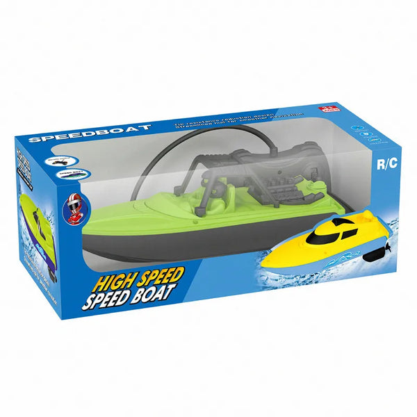 4-Channel LED Remote Control Speedboat in packaging, showcasing high-speed performance and vibrant colors.