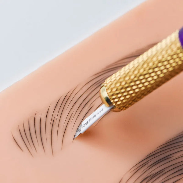 Detail of a tool practicing on 3D Silicone Eyebrow and Eye Tattoo Practice Skin for realistic tattoo application.