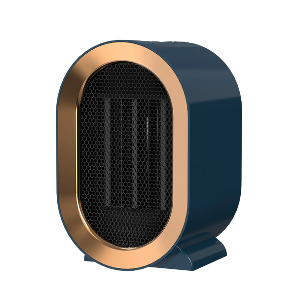 Portable PTC Electric Fan Heater in stylish blue and copper design for efficient warmth in small spaces.