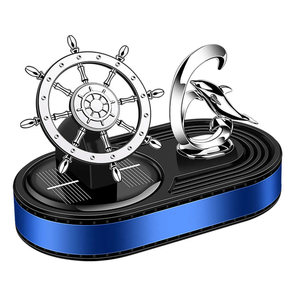 Solar LED Rotating Anchor Car Air Freshener with ship's wheel and dolphin design on a black base.