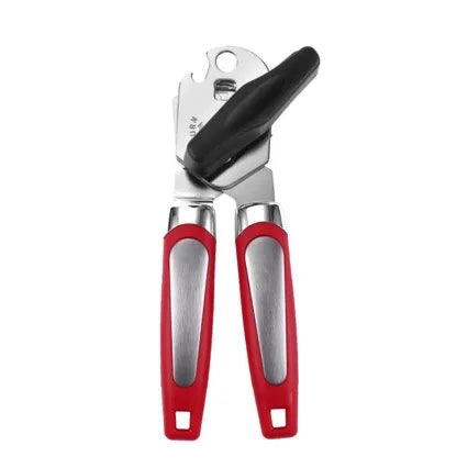 Stainless Steel Manual 3-in-1 Can Opener with red ergonomic handles and a robust cutting wheel.