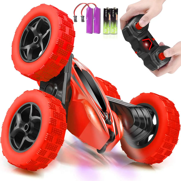 2.4GHz Double-Sided 360 Stunt Remote Control Car with red wheels and remote control for acrobatic stunts.