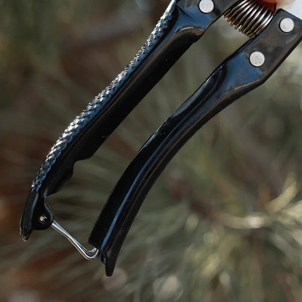 Steel Garden Bypass Pruner close-up showing handles and cutting mechanism for effective trimming and pruning.
