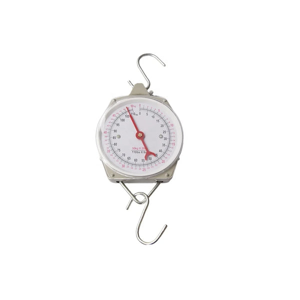 Precision Dial Hanging Scale showing weight readings on a mechanical dial with hooks for hanging items.