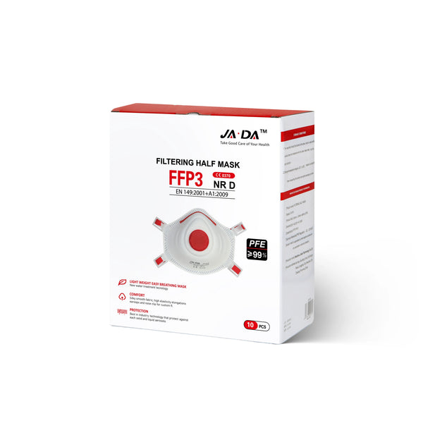 FFP3 NR-D Face Respirator Mask packaging, filtering half mask with PFE >99%, ideal for protecting against dust and airborne particles.